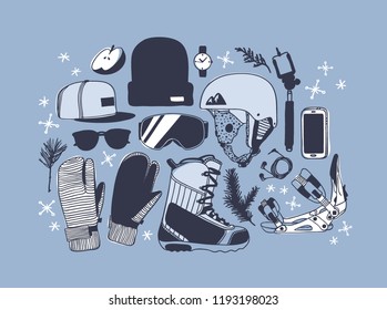 Hand drawn Fashion Illustration Snowboarding Things. Creative ink art work. Actual cozy vector drawing with Rider's Items. Winter Sport set: wear, shoes, accessories, food, drinks, things