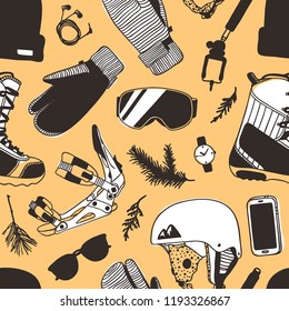Hand drawn Fashion Illustration Snowboarding Things. Creative ink art work. Actual cozy vector seamless pattern with Rider's Items. Winter Sport set: wear, shoes, accessories, things