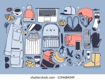 Hand drawn Fashion Illustration Snowboarding Things. Creative ink art work. Actual cozy vector drawing with Rider's Items. Winter Sport set: wear, shoes, accessories, food, drinks, things