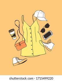 Hand drawn Fashion Illustration Summer Outfit. Season Look on Orange Vector Background. Artistic Doddle Drawing Actual Wear. Creative Ink Art Work