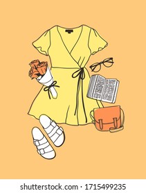Hand drawn Fashion Illustration Summer Outfit. Season Look on Orange Vector Background. Artistic Doddle Drawing Actual Wear. Creative Ink Art Work