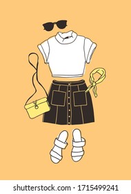 Hand drawn Fashion Illustration Summer Outfit. Season Look on Orange Vector Background. Artistic Doddle Drawing Actual Wear. Creative Ink Art Work