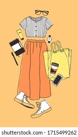 Hand drawn Fashion Illustration Summer Outfit. Season Look on Orange Vector Background. Artistic Doddle Drawing Actual Wear. Creative Ink Art Work