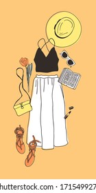 Hand drawn Fashion Illustration Summer Outfit. Season Look on Orange Vector Background. Artistic Doddle Drawing Actual Wear. Creative Ink Art Work