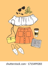 Hand drawn Fashion Illustration Summer Outfit. Season Look on Orange Vector Background. Artistic Doddle Drawing Actual Wear. Creative Ink Art Work