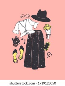 Hand drawn Fashion Illustration Summer Outfit. Season Look on Orange Vector Background. Artistic Doddle Drawing Actual Wear. Creative Ink Art Work