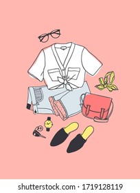 Hand drawn Fashion Illustration Summer Outfit. Season Look on Orange Vector Background. Artistic Doddle Drawing Actual Wear. Creative Ink Art Work