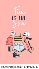 Hand drawn Fashion Illustration Summer Outfit and text. Season Look on Orange Vector Background and lettering. Artistic Doddle Drawing Actual Wear and quote. Creative Ink Art Work