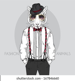 Hand Drawn Fashion Illustration of Tiger with cigarette in colors