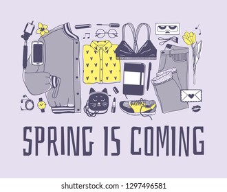 Hand drawn Fashion illustration wear, shoes and text. Actual Season vector on violet background. Artistic doodle drawing skirt, bra, sneakers, socks, bag, phone, headphones and quote SPRING IS COMING