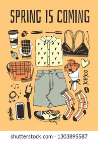 Hand drawn Fashion illustration wear and text. Actual Season vector on yellow background. Artistic doodle drawing skirt, bra, shirt, sneakers, socks, bag, phone, headphones and quote SPRING IS COMING