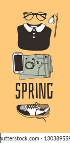 Hand drawn Fashion illustration wear, shoes and text. Actual Season vector on yellow background. Artistic doodle drawing jeans, phone,headphones, sneakers, glasses and quote SPRING