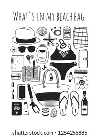 Hand drawn Fashion Illustration What is in my bag. Vector picture Summer casual objects. Artistic Tropical doddle drawing. Creative ink art work