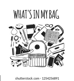 Hand drawn Fashion Illustration What is in my bag. Vector picture casual objects. Artistic School doddle drawing. Creative ink art work