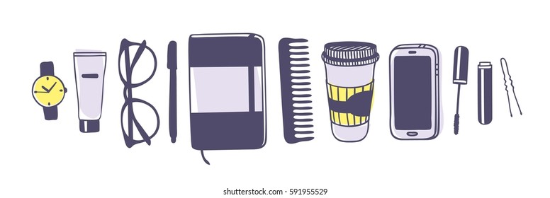 Hand drawn fashion illustration women objects: watch, cream, glasses, pen, notebook, comb, coffee, phone, mascara, barrette. Creative ink art work. Actual vector drawing hipster stuff