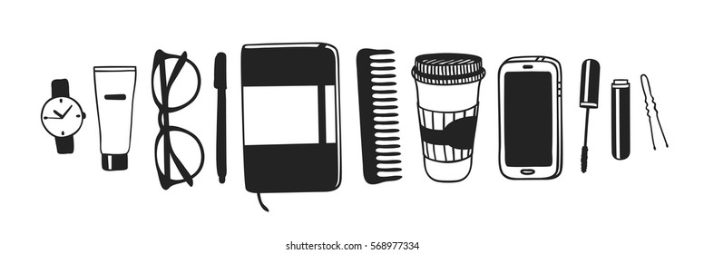 Hand drawn fashion illustration womens objects: watch, cream, glasses, pen, notebook, comb, coffee, phone, mascara, barrette. Creative ink art work. Actual vector drawing hipster stuff