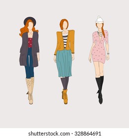 Hand drawn fashion models. Vector illustration.