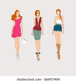 Hand drawn fashion models. Vector illustration.