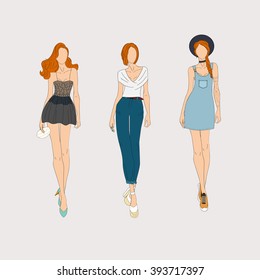 Hand drawn fashion models. Vector illustration.