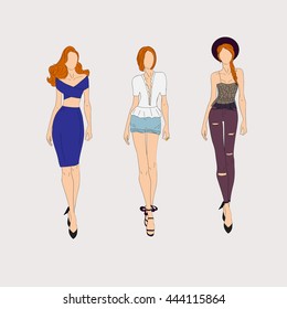 Hand drawn fashion models. Vector illustration.