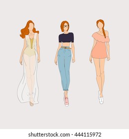 Hand drawn fashion models. Vector illustration.