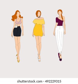 Hand drawn fashion models. Vector illustration.