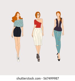 Hand drawn fashion models. Vector illustration.