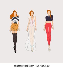 Hand drawn fashion models. Vector illustration.