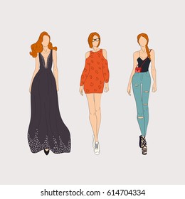 Hand drawn fashion models. Vector illustration.
