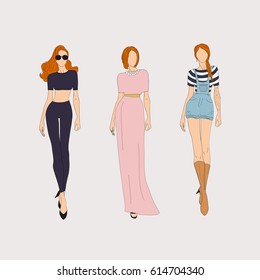 Hand drawn fashion models. Vector illustration.