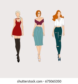 Hand drawn fashion models. Vector illustration concept.