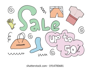 Hand drawn fashion online shop icon set. Decorative icons of dress, gloves, shorts, shoes, clothes, bags.Vector illustration