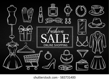 Hand drawn fashion online shop icons set. Decorative icons dress, lipstick, perfume, cart, shoe, clothing, purse, gift, hat, watches and glasses. Vector illustration. Golden design