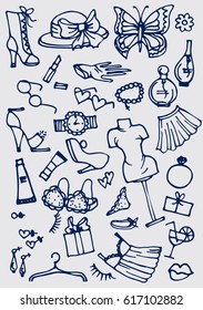 Hand drawn fashion online shop icons set.  Vector illustration.

