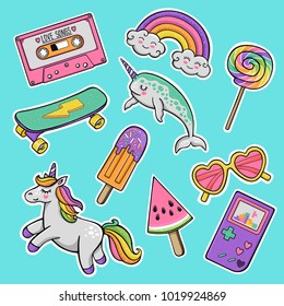 Hand drawn fashion patch badges with heart sunglasses, unicorn, lollipop, cassette tape, popsicle, banana, roller skates, skateboard, cartoon narwhal, donut, vintage game console in 80s-90s style