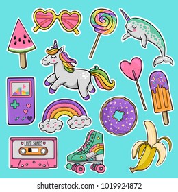 Hand drawn fashion patch badges with unicorn, narwhal, watermelon, sunglasses, donut, banana, cassette tape, roller skates, retro game console, skateboard, rainbow, lollipop, popsicle in 80s-90s style