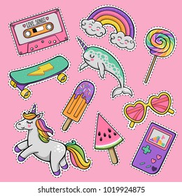 Hand drawn fashion patch badges with heart sunglasses, unicorn, rainbow lollipop, cassette tape, popsicle,
skateboard, cartoon cute narwhal, vintage portable game console in 80s-90s pop art style