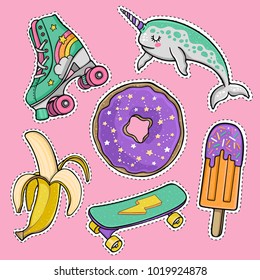 Hand drawn fashion patch badges with cute cartoon narwhal, donut with space constellations, banana, roller skates,  popsicle in 80s-90s pop art style