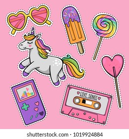 Hand drawn fashion patch badges with heart sunglasses, cute cartoon unicorn, lollipop, cassette tape, popsicle, vintage portable game console in 80s-90s pop art style