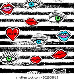 Hand drawn fashion patches eyes, red lip, heart seamless pattern. Vector beauty illustration of open and close eyes for card, clothes, background. Pop art sticker, patche, pin, badge 80s-90s style