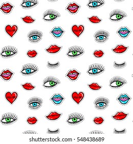 Hand drawn fashion patches eyes, red lip, heart seamless pattern. Vector beauty illustration of open and close eyes for card, clothes, background. Pop art sticker, patche, pin, badge 80s-90s style