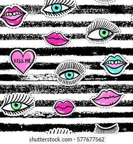 Hand drawn fashion patches eyes, red lip, heart seamless pattern. Vector beauty illustration of open and close eyes for card, clothes, background. Pop art sticker, patche, pin, badge 80s-90s style