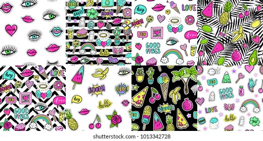 Hand drawn fashion patches tropical avocado, banana, watermelon, tropical palm, pizza, lip, cake, seamless pattern. Vector illustration background set. Pop art patch, pin, badge 80s-90s style