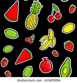 Hand drawn fashion patches tropical fruits: lemon, avocado, pineapple, banana, watermelon seamless pattern. Vector illustration background. Pop art patche, pin, badge 80s-90s style