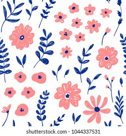 Hand drawn fashion pink floral seamless pattern. Vector doodle background