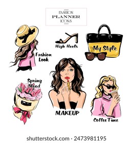 Hand drawn fashion planner stickers. Fashion icons. Stylish icons set with beautiful women, bag, sunglasses, high heels, bouquet, coffee. Vector illustration