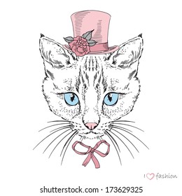 Hand drawn fashion portrait of cat isolated on white