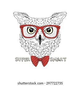 hand drawn fashion portrait of geek owl, silkscreen printing design, t-shirt print, animal illustration