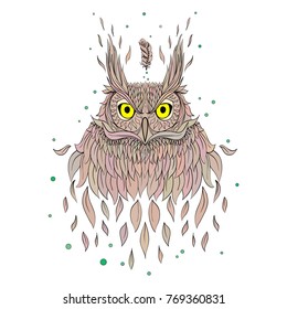 hand drawn fashion portrait of geek owl, silkscreen printing design, t-shirt print, animal illustration