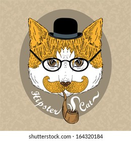 Hand Drawn Fashion Portrait of Hipster Cat in bowler hat with tobacco tube